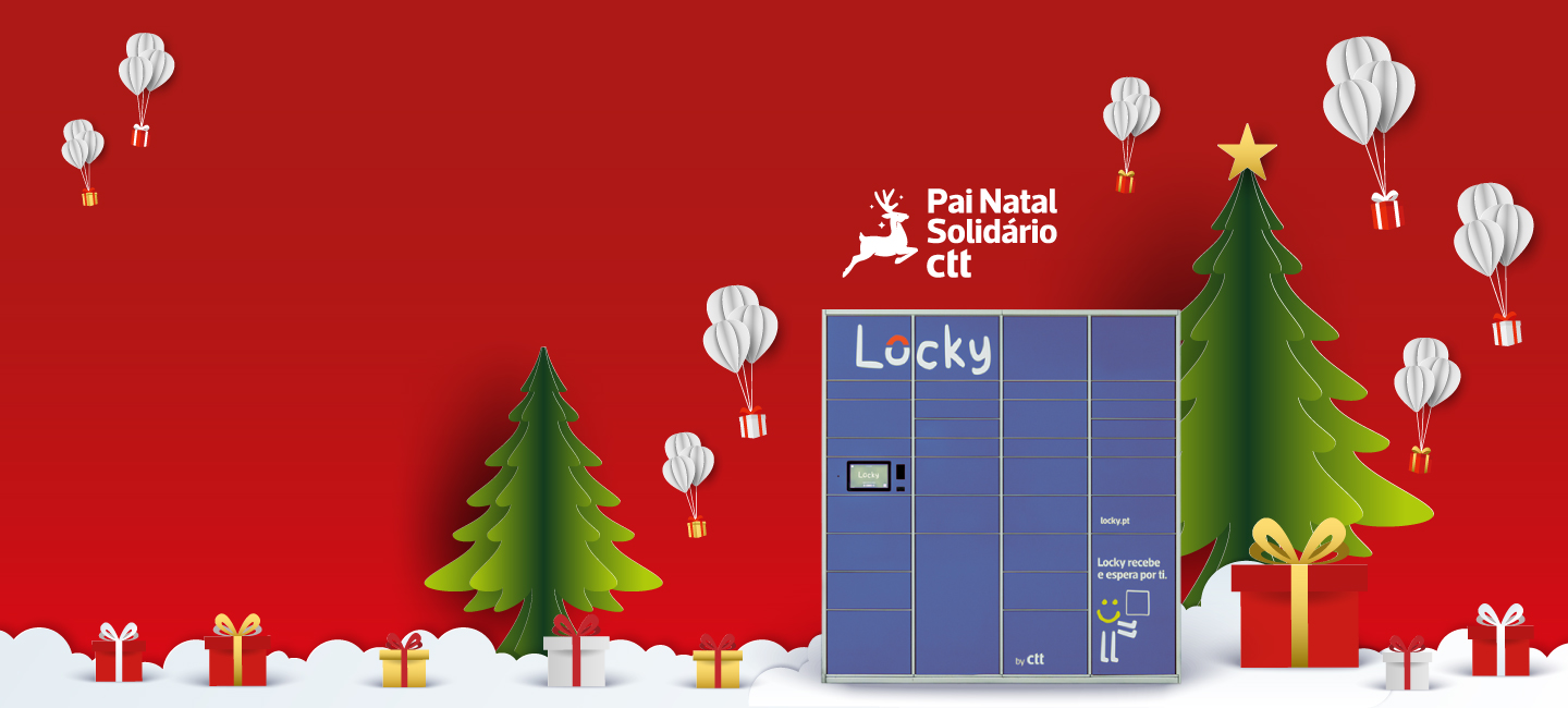 Logo Pai Natal Solidário, Árvore Natal e um cacifo Locky Azul.