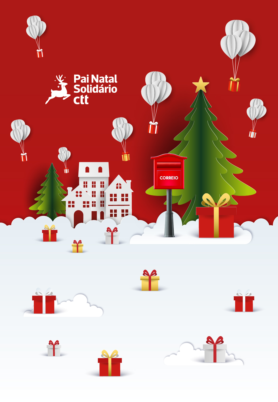 Logo Pai Natal Solidário, Árvore Natal e um cacifo Locky Azul.