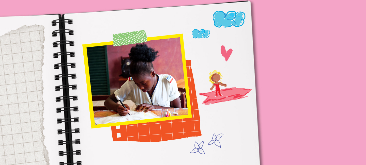 Menina SOMA numa montagem num caderno escolar