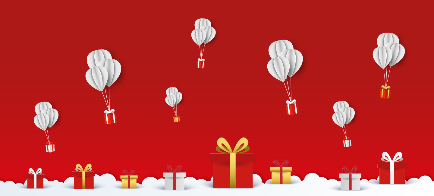 Balões de ar quente e presentes de Natal.