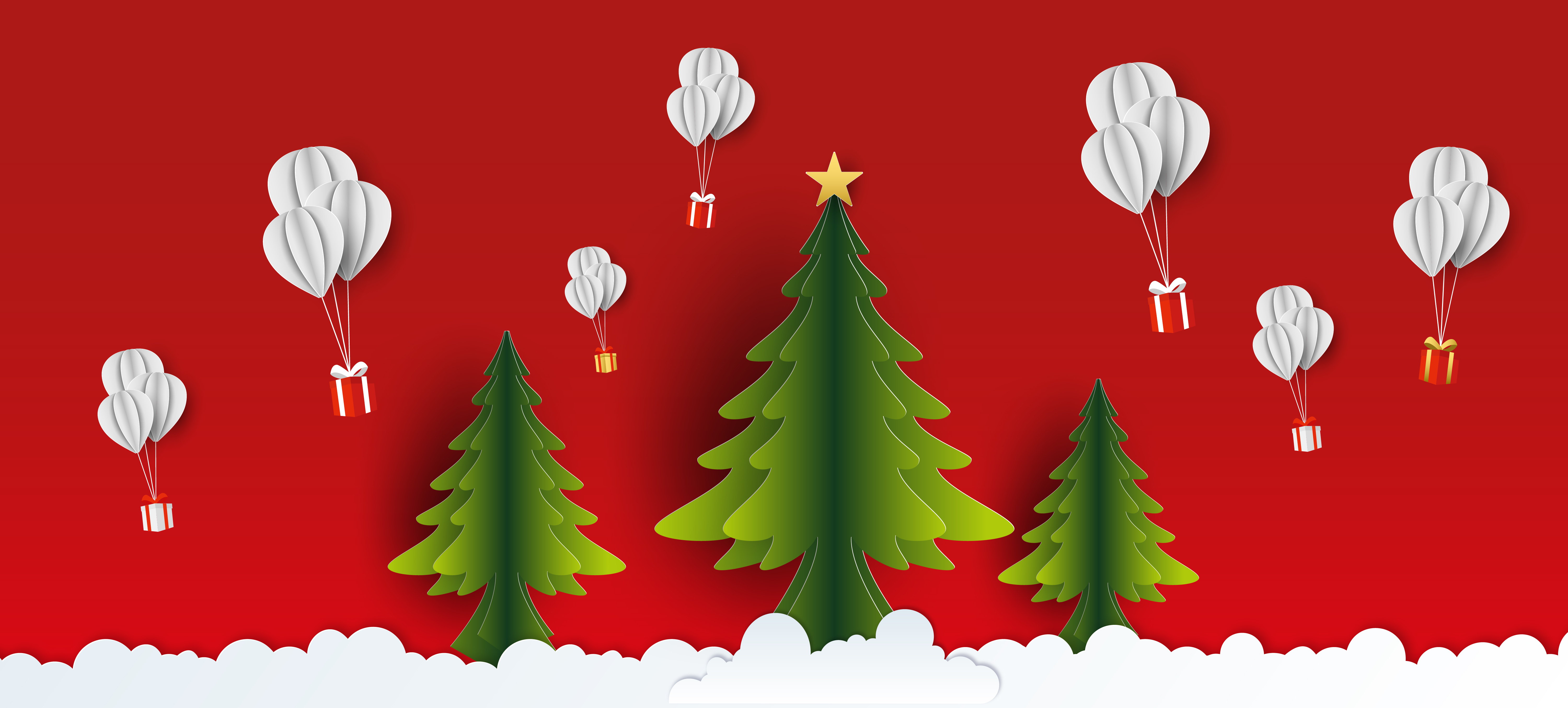 Arvores de Natal com baloes de ar com presentes.