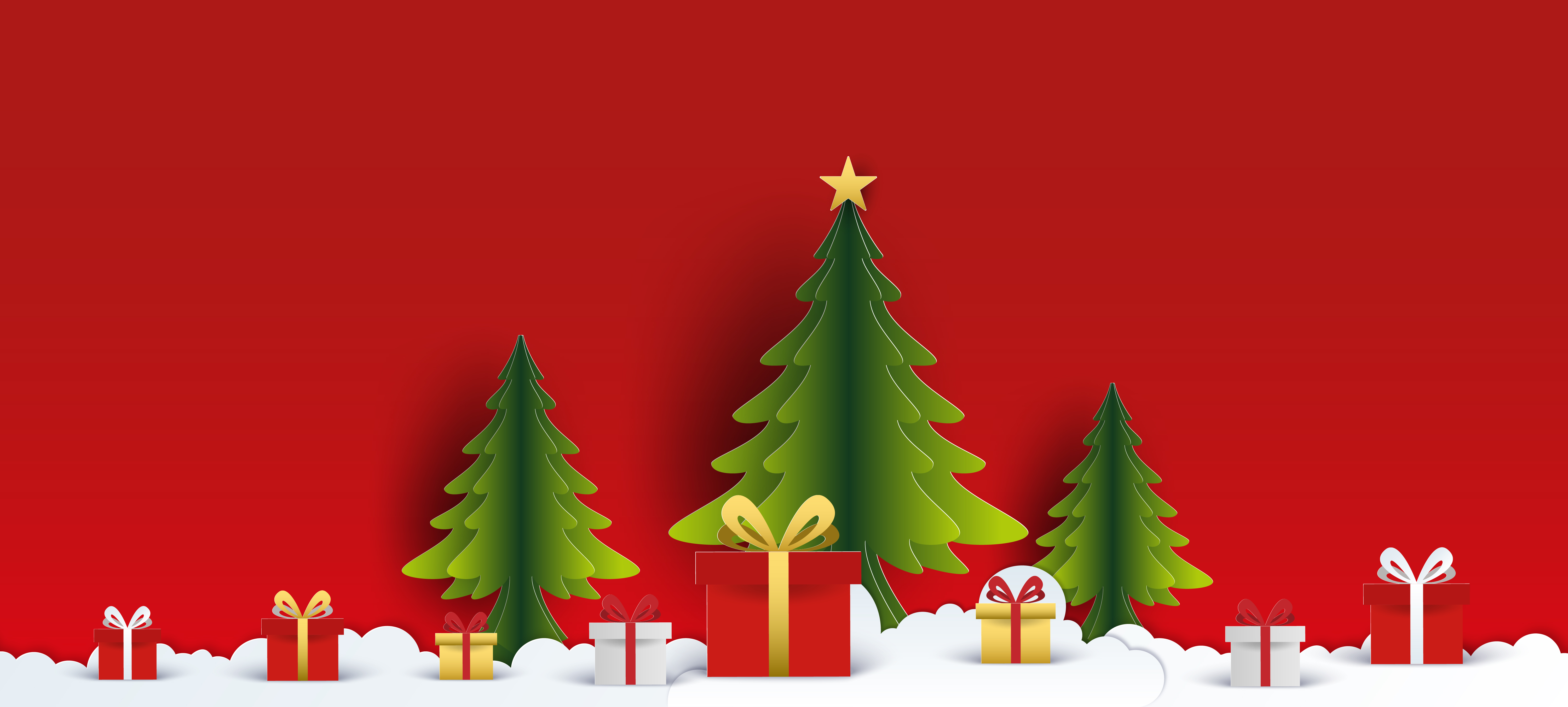 Árvores de Natal com presentes.