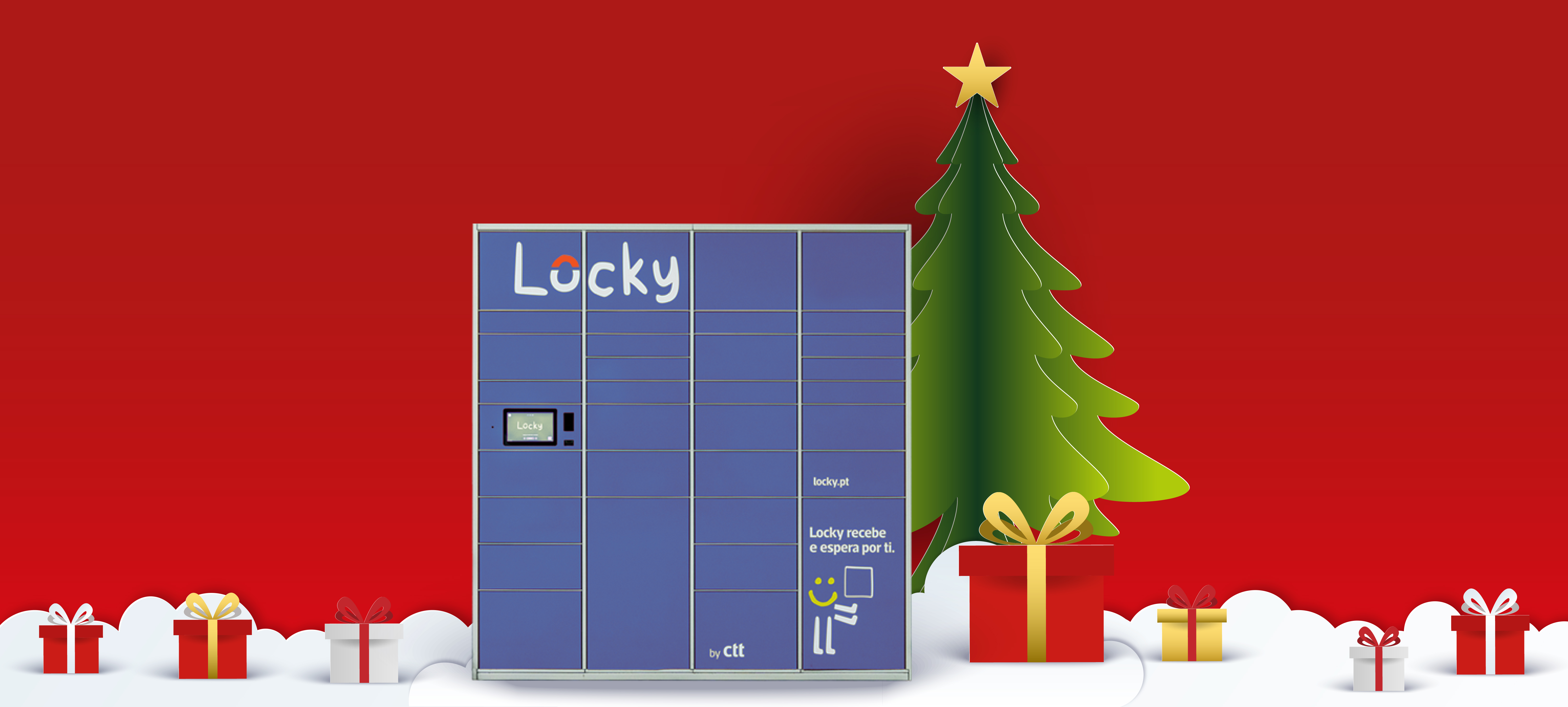 Arvore de Natal com presentes e cacifo Locky azul.