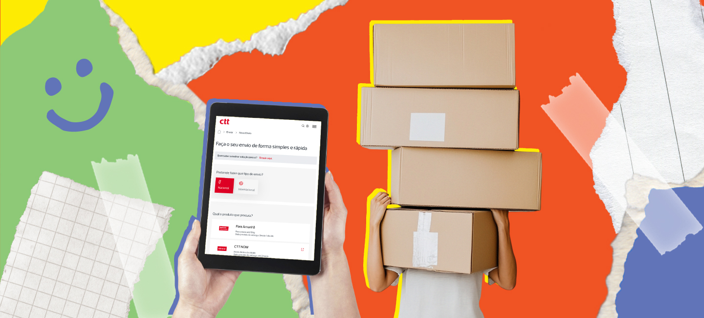 Ipad para criar envios e mãos a agarrar caixas de encomendas