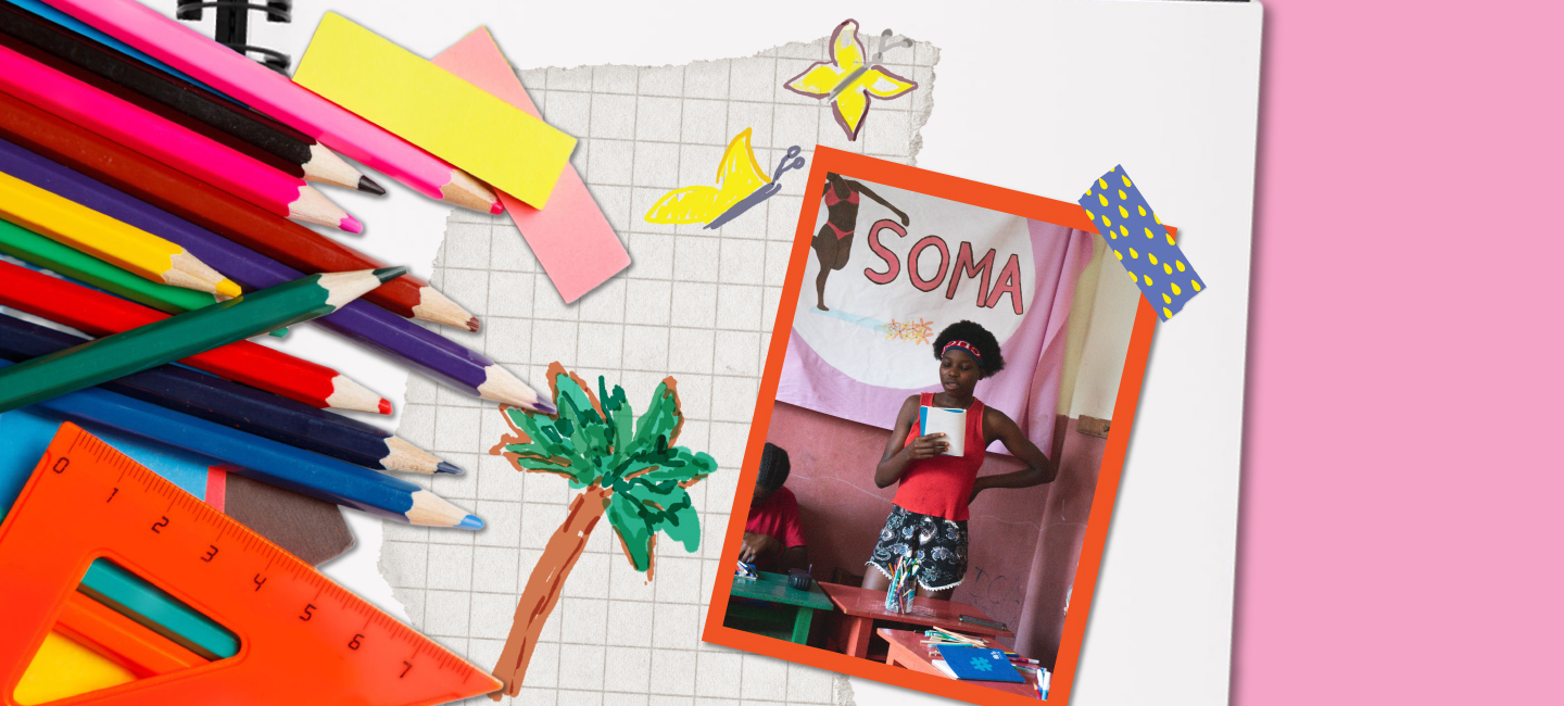 Menina SOMA numa montagem num caderno escolar, com imagens de lapis e régua