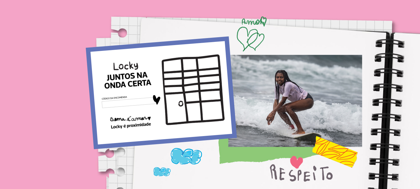 Menina SOMA numa prancha de surf; imagem de etiqueta de envio Locky 'Locky, juntos na Onda Certa. Código da Reserva. Soma é Amor. Locky é Proximidade'